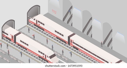 Metro station isometric vector illustration. Underground railroad, express city travel service, passenger conveyance business, public transport. People on platforms, arriving and departing trains