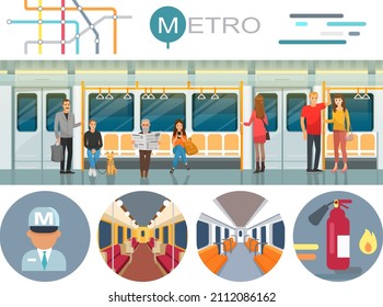 Metro station and passenger train vector illustration. Set with seats, train driver, extinguisher for website infographics. People inside high speed public transport. Passengers travel in subway car