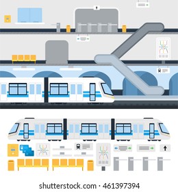 Estação de metro e comboio de passageiros ilustração plana vetor. Conjunto com trem, mapa, escada em movimento, navegação, assentos de passageiros, catraca para infográficos do site. Isolado em fundo branco.