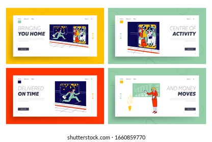 Metro at Station in Rush Hour, Business Training in Financial School Website Landing Page Set. People Riding on Full Train, Couch Presentation Web Page Banner. Cartoon Flat Vector Illustration Linear