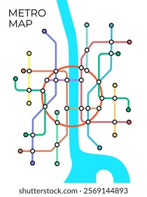 Metro stations and plan of subway with. Fictional metro map of underground. Layout of public passenger transport. Vector