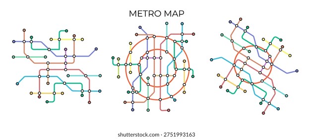 Metro stations and plan of subway with. Fictional metro map of underground. Layout of public passenger transport. Vector illustration