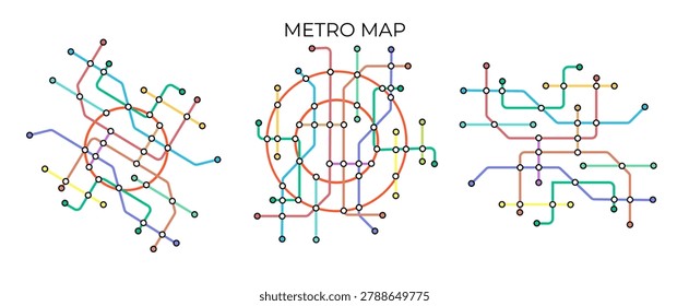 Metro stations and plan of subway with. Fictional metro map of underground. Layout of public passenger transport. Vector illustration