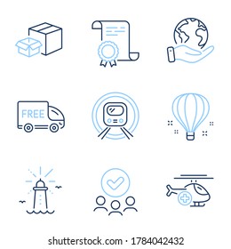 Metro subway, Free delivery and Lighthouse line icons set. Diploma certificate, save planet, group of people. Medical helicopter, Packing boxes and Air balloon signs. Vector