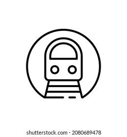 Icono lineal de metro o metro. Esbozar un simple vector de tren en los raíles en el túnel. Contexto aislado pictograma sobre fondo blanco