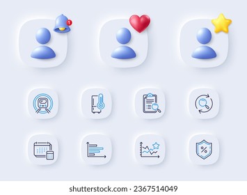 Metro subway, Loan percent and Refrigerator line icons. Placeholder with 3d bell, star, heart. Pack of Account, Horizontal chart, Search analysis icon. Ranking stars, Search pictogram. Vector