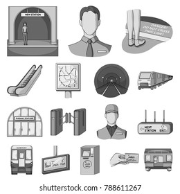 Metro, subway monochrome icons in set collection for design.Urban transport vector symbol stock web illustration.