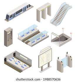 Metro o metro como Sistema Urbano de Tránsito Rápido con Ferrocarril Eléctrico, Plataforma, Barrera de Entradas y Sistema de Vector Isométrico de Escalera Móvil