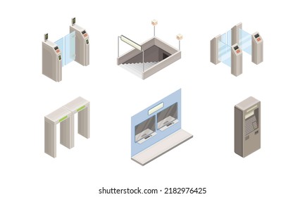 Metro Or Subway As Rapid Transit Urban System With Electric Railway, Ticket Barrier And Staircase Isometric Vector Set