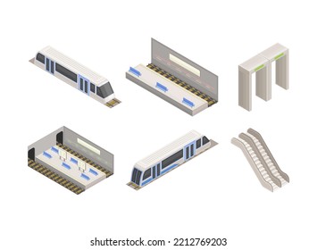 Metro or Subway as Rapid Transit Urban System with Electric Vehicle, Platform and Moving Staircase Isometric Vector Set