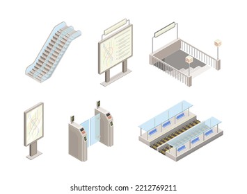 Metro o metro como Sistema Urbano de Tránsito Rápido con Plataforma, Barrera de Billetes y conjunto de vectores isométricos escalonados en movimiento