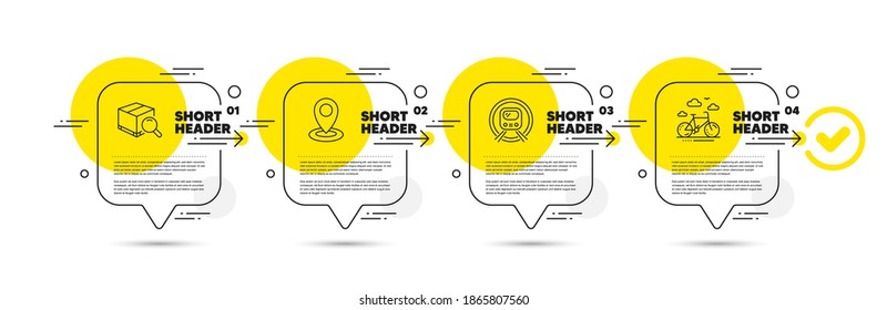 Metro Subway, Search Package And Location Line Icons Set. Timeline Infograph Speech Bubble. Bike Rental Sign. Underground, Tracking Service, Map Pointer. Bicycle. Transportation Set. Vector