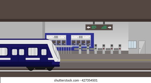 Metro Subway Station With Train , Ticket Vending Machine And Ticket Gate, Vector