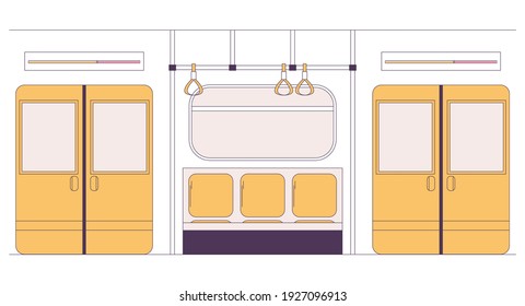 Metro or subway train car interior drawn in yellow flat style. Nobody inside. Isolated on white scene