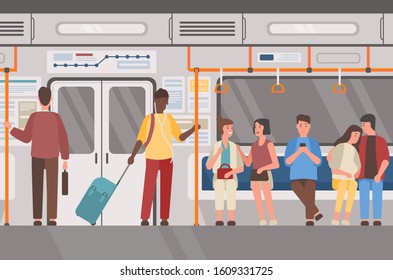 U-Bahn, U-Bahn, öffentliche Verkehrsmittel - Vektorillustration. Unterirdische Eisenbahnwageninnern, Personen im vorstädtischen Elektrozug. Männliche und weibliche Passagiere, Pendler Cartoon Charaktere.