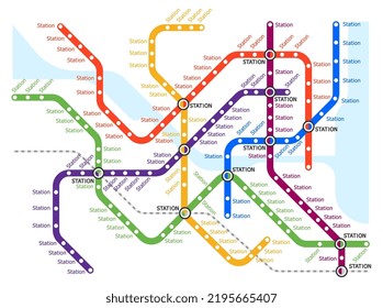 Metro, subway transport system map. Urban city railway stations scheme. Vector plan with colorful lines. Fictional layout of public passenger transport routes. Subway train tracks plan