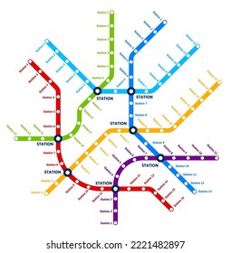 Metro subway, underground railway city transport map, vector urban tube lines scheme. Subway metro or tube and public transport network plan with train, bus or tram connection stations