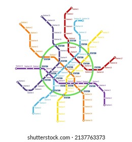 Metro, subway, underground transport system vector map. Railway transport line plan with metro stations, colorful network of train routes and tube tunnels, subway city map, scheme or diagram template