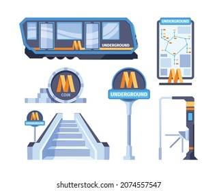 Metro symbols. City trains subway urban transportation metrobus transit metro systems stairs rails turnstile signs garish vector flat pictures