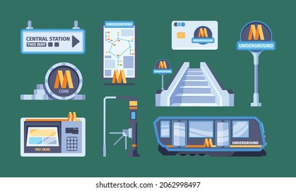 Metro system. Urban city subway elements train baggage passengers metropolitan rails transport metro bus stairs turnsite garish vector flat illustrations