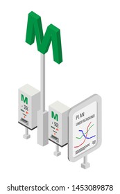 Metro token dispenser isometric illustration. Automated ticket vending machine, metropolitan signboard. Railroad, railway system banner, subway navigation map. Underground station attribute