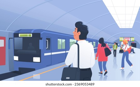 Metro. Train arriving at a underground station and passengers waiting on the platform. People on the subway. Vector illustration in flat style