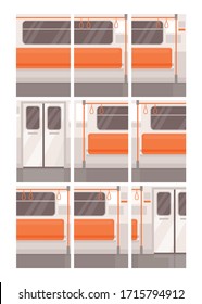 Metro train empty interior parts semi flat vector illustration set. Subway seat row, door and handrails. Public transport with nobody inside. Train 2D cartoon background for commercial use