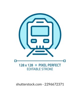 Metro train pixel perfect blue RGB color icon. Subway station. Underground transit. Tunnel railway. Suburban rail system. Isolated vector illustration. Simple filled line drawing. Editable stroke