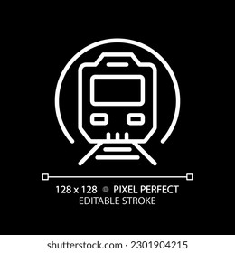 Metro train pixel perfect white linear icon for dark theme. Subway station. Underground transit. Suburban rail system. Thin line illustration. Isolated symbol for night mode. Editable stroke