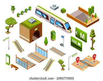 Metro train station set, vector illustration isometric underground or subway railway transport elements. Isolated icons passenger platform, escalators stairs or direction signs and location map plan