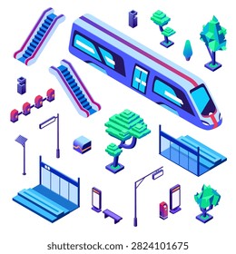 Metro train station vector illustration of isometric isolated icons. Underground or subway railway station elements of passenger platform, escalators stairs for layout plan construction