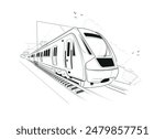 Metro train vector illustration sketch. Fast modern express passenger train on high speed railway station