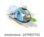 Metro train vector illustration sketch. Fast modern express passenger train on high speed railway station