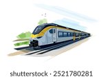 Metro train vector illustration sketch. Fast modern express passenger train on high speed railway station. Tesla giga train germany