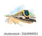 Metro train vector illustration sketch. Fast modern express passenger train on high speed railway station
