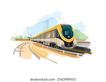 Metro train vector illustration sketch. Fast modern express passenger train on high speed railway station
