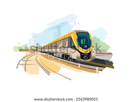 Metro train vector illustration sketch. Fast modern express passenger train on high speed railway station
