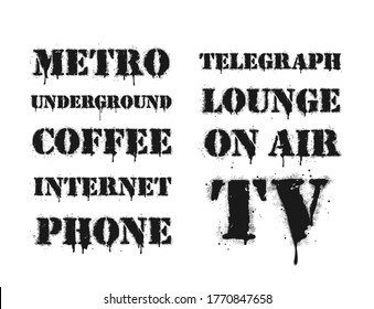Metro, underground, coffee, internet, phone, telegraph, lounge, on air, tv set lettering. Vector graffiti lettering on white. Lettering sprayed with leak in black over white. Vector design street art.