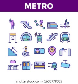 Metro Underground Collection Icons Set Vector Thin Line. Metro Train And Equipment, Ticket And Card, Door And Video Camera, Escalator And Turnstile Pictograms. Color Contour Illustrations