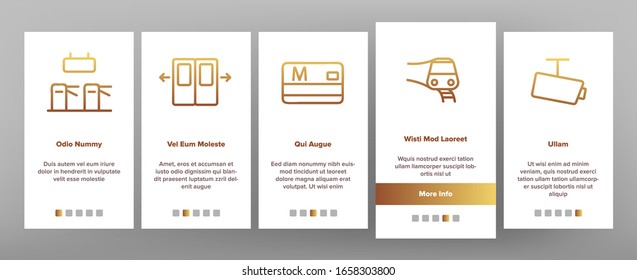 Metro Underground Onboarding Icons Set Vector. Metro Train And Equipment, Ticket And Card, Door And Video Camera, Escalator And Turnstile Illustrations