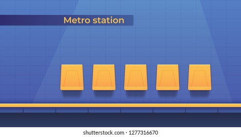 Metro underground station with a platform for landing passengers and seats to wait for the train. Subway platform. Vector cartoon illustration.