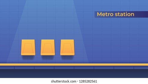 Metro underground station with a platform for landing passengers and seats to wait for the train. Subway platform. Vector cartoon illustration.