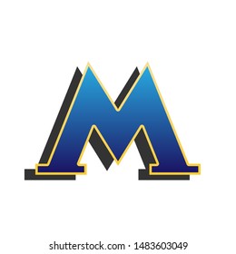 Metro or Underground or Subway icon. Blue icon with gold contour with dark gray shadow at white background. Illustration.