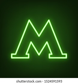 Metro or Underground or Subway icon. Green neon icon in the dark. Blurred lightening. Illustration.