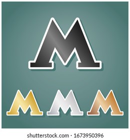 Icono Metro, Metro o Metro. Conjunto de íconos metálicos con gradiente gris, dorado, plata y bronce con contorno blanco y sombra en fondo viridán. Ilustración.