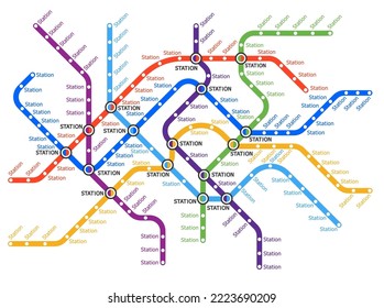 Metro, underground, subway transport map. Metropolis metro system, city subway lines vector plan. Urban transport, railroad network or passenger transportation routes, bus or tram stations scheme