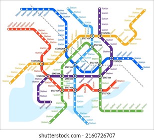 Metro underground, subway transport system map, vector plan with city lines. Subway metro or underground tube map with stations, railway train or bus network and urban transport scheme template