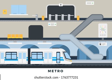 Metro vector illustration in flat design. City metro station platform and underground train.