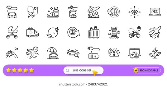 Metro, inventario de Web e íconos de línea de bandera de destino para App de Web. Paquete de Plano, Coche de bebé, Iconos del pictograma del globo del mundo. Tiempo de carga, energía ecológica, señales de almacenamiento en línea. Viajes mundiales. Vector