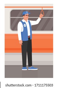 Metro worker ride in train semi flat vector illustration. Subway personnel inside tram hold handrail. Man in uniform in commuter. Underground 2D cartoon characters for commercial use